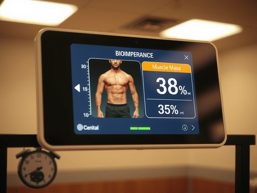 Detailní pohled na display bioimpedanční váhy s naměřenými hodnotami